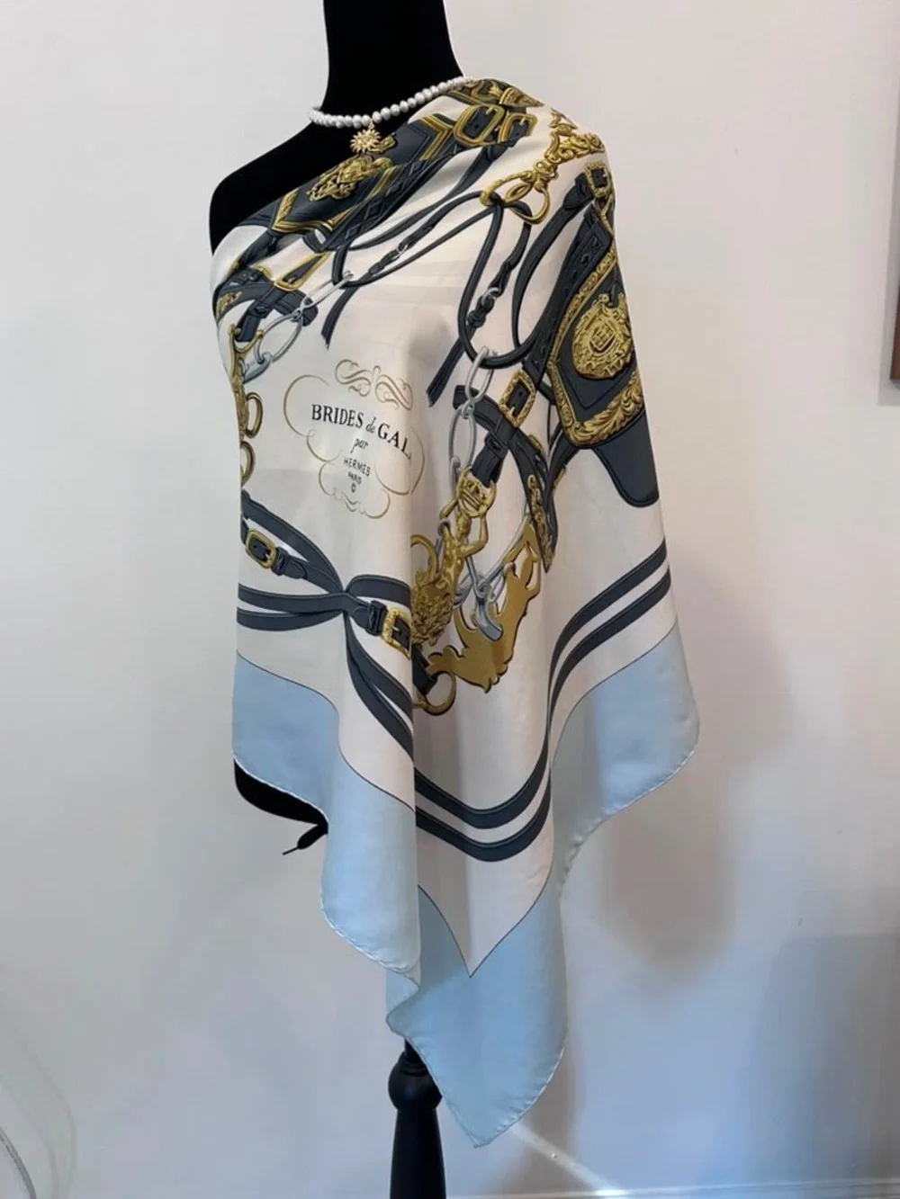 Hermes Silk Scarf Carré 90 Blue White Hand Rolled Made in France